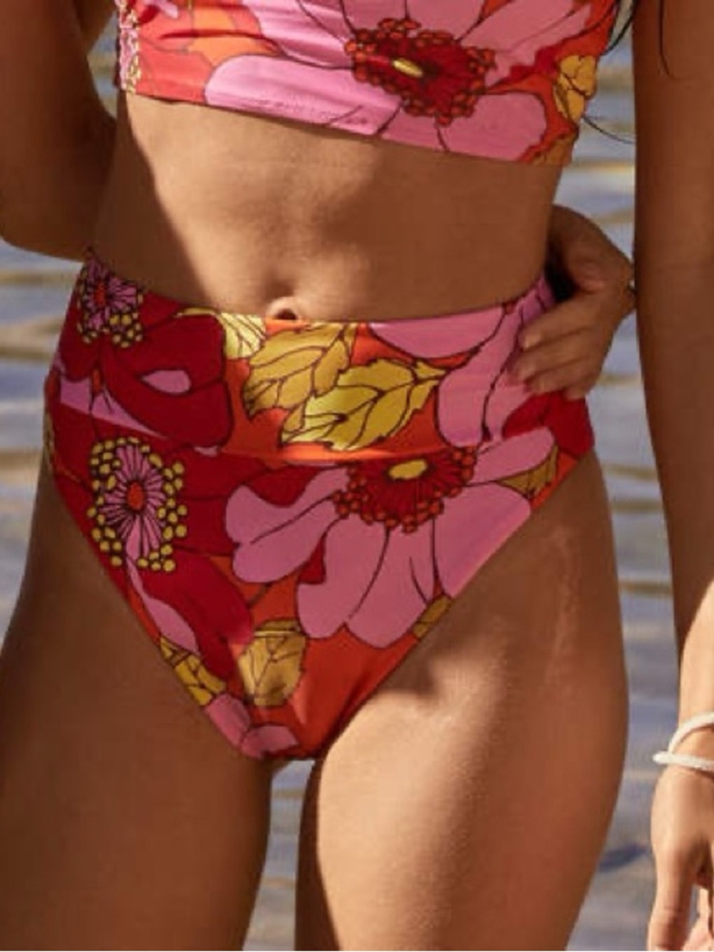 aerie high Waisted Floral Swim Bottoms in Pink, Red & Orange